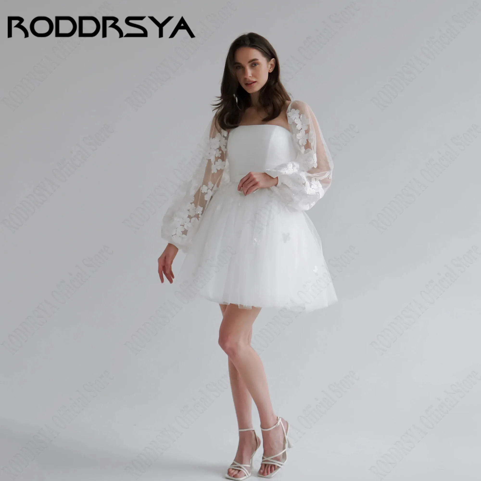 

RODDRSYA Mini Tulle Bride Party Gown A-Line Long Puff Sleeve Appliques Wedding Dress Strapless robe de mariée Lace Up Customized