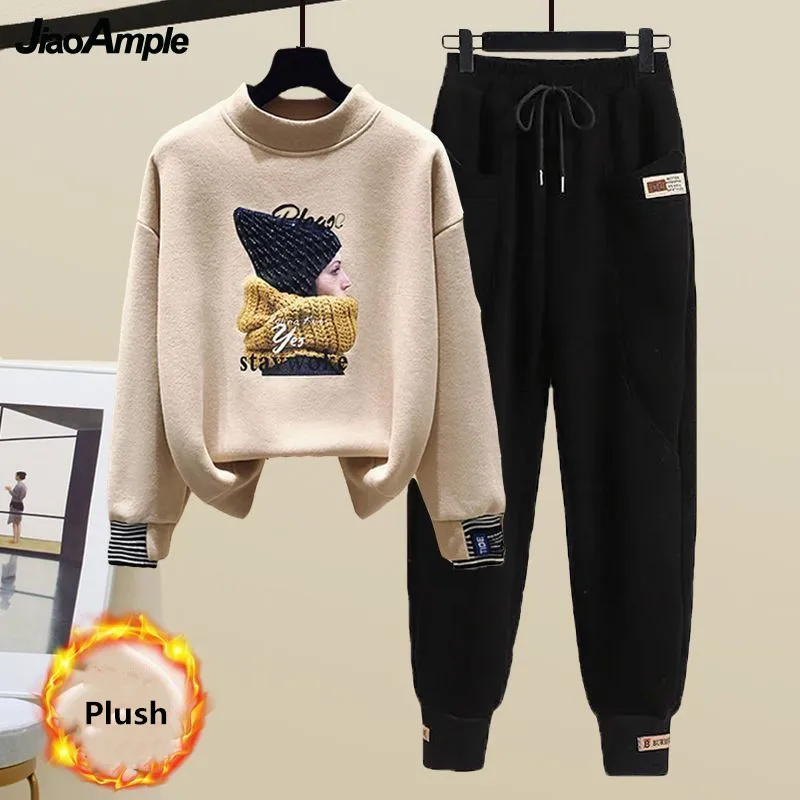 Women's Fashion Plush Sweater Tracksuits 2 Piece Set 2022 Winter Warm Loose Fake Two-piece Pullover Top + Pants Sportswear Suit