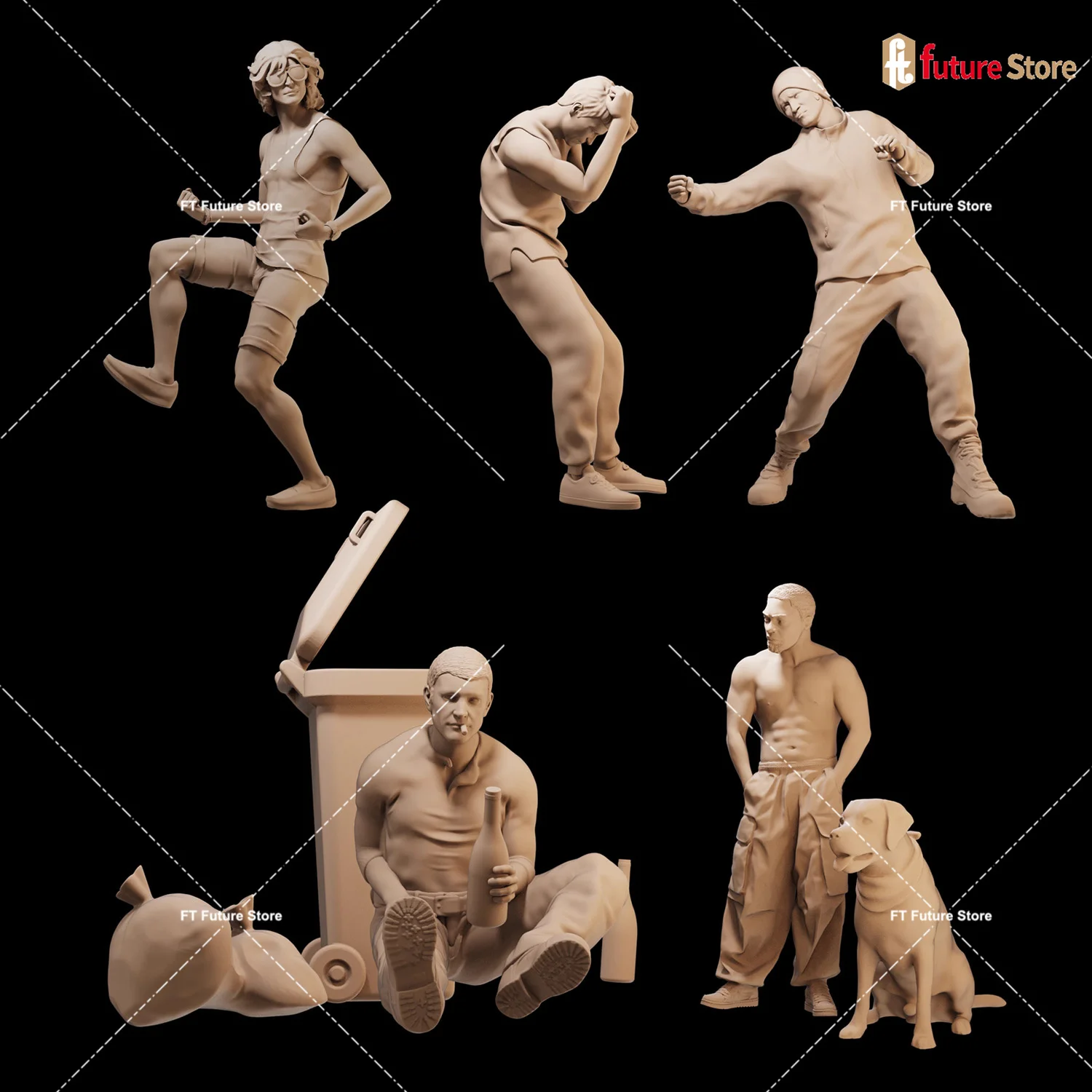 

﻿ 3D Print Miniature 1/64 1/43 1/35 Fighting Male Drunk Man Gangster Dog Dancing Figure Diorama Figurine Model Mini Dolls Props