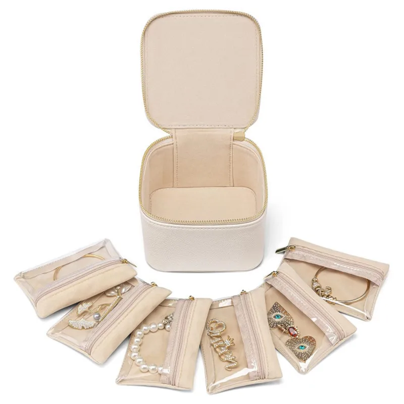 

Women Travel Jewelry Box with 6 Velvet Zippered Pockets Earring Necklace Ring Storage Box Genuine Leather Simple Jewelry Case