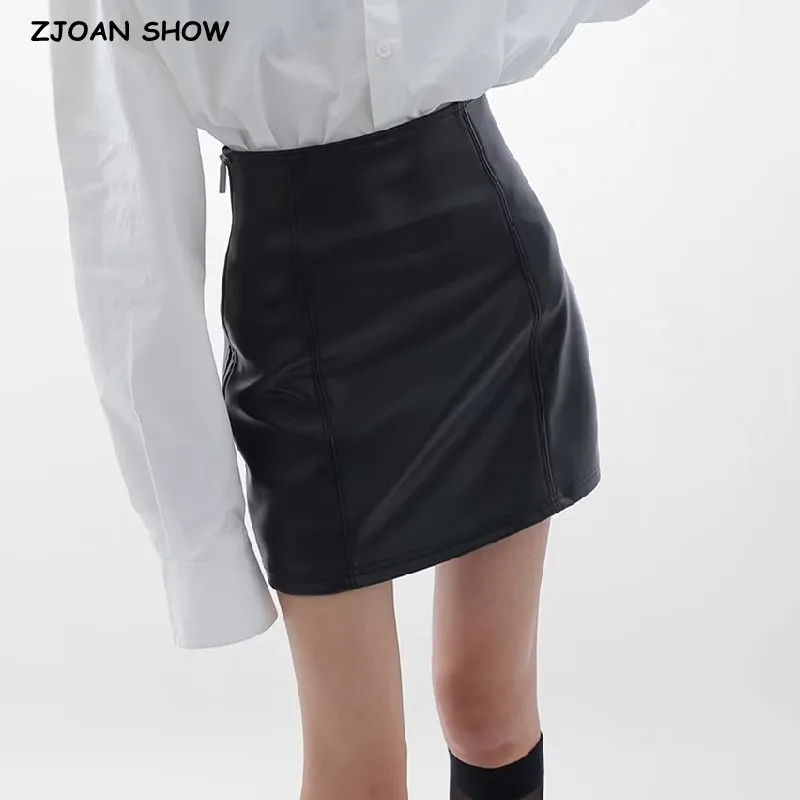 

American Retro Side Zipper High Waist PU Skirt Sexy Leather Package Hips Pencil Mini Short Skater Vintage Black