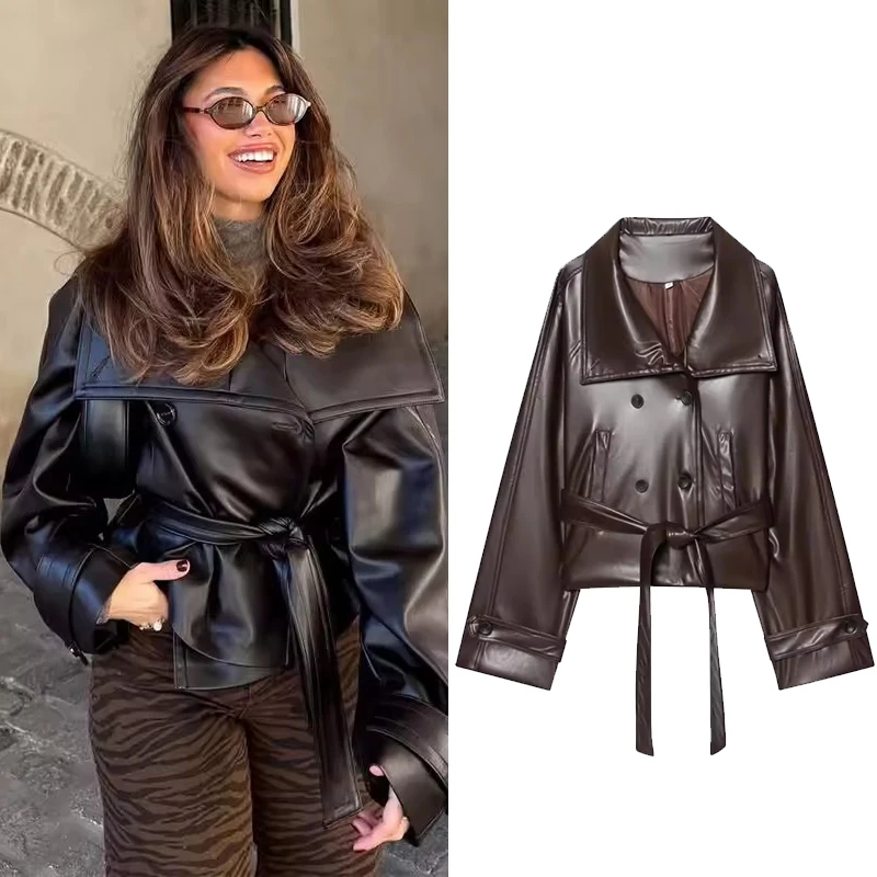 

Street Women's Cropped Leather Jackets With Belt Lapel Double Breasted Pocket Long Sleeve Coat Spring Lady Vintage New Outerwear
