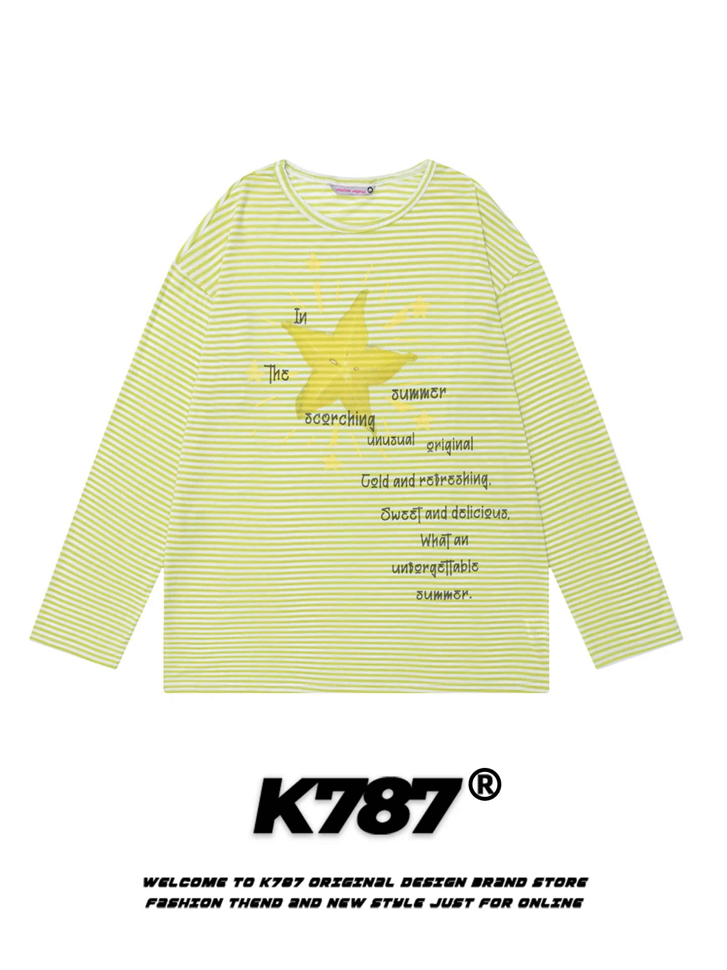 

Свободная футболка с длинным рукавом K787 в американском уличном стиле, с забавным принтом Starfruit Stripe, тонкая базовая футболка-накидка для мужчин и женщин