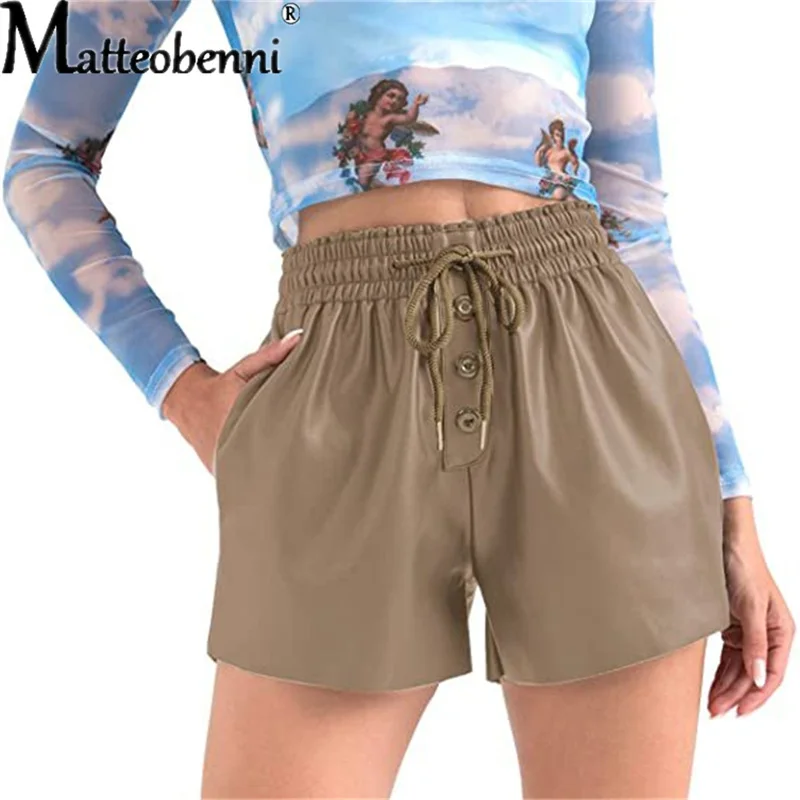 

2022 New Summer PU Leather Women's Shorts With Drawstring Stylish OL High Waist Pockets Casual Loose Straight Short Pants Female