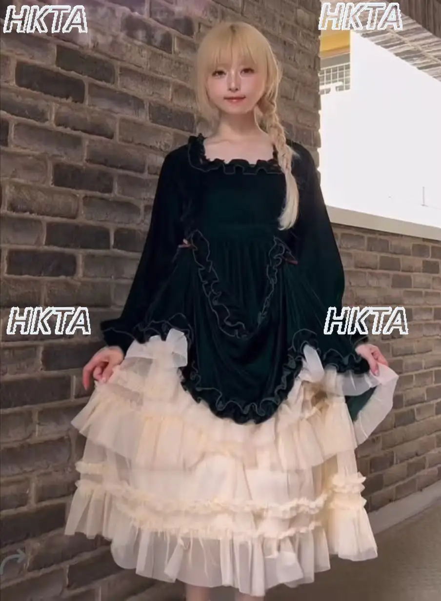 

Japanese Sweet Retro Velvet Lace Square Neck Long Sleeve High Waist Pleated Long Dress Ladies Elegant Lolita Dresses Women
