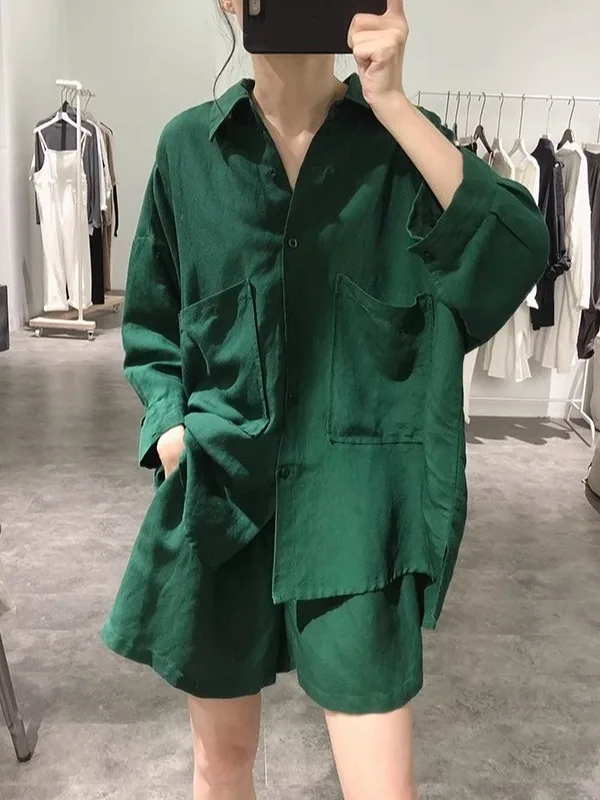 Setelan Linen Ringan Wanita Longgar Musim Panas Dua Potong Setelan Wanita Fashion Kancing Panjang S...