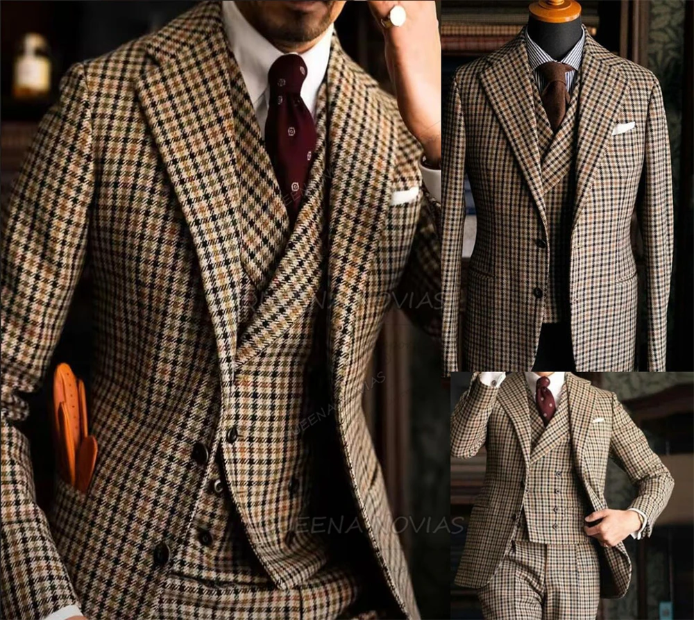 النمط البريطاني Houndstooth الرجال البدلة وتتسابق واحدة الصدر حفلة موسيقية الحلل مخصصة 3 قطعة مجموعة العريس الزفاف البدلات الرسمية أنيقة #1