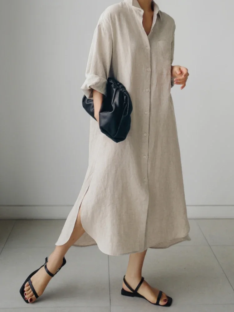 Korean Fashion Shirt Dress Women Fall Casual Turn Down Collar Long Sleeve Dresses Baggies Split Solid Mid-calf Vestidos Female