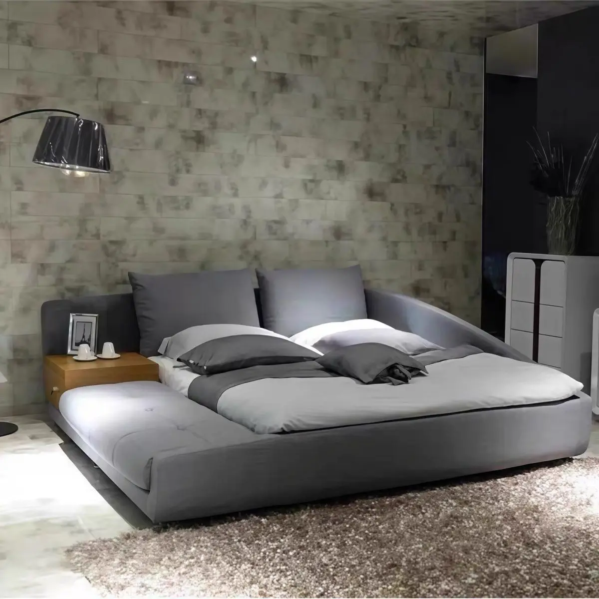 Nordic style, simple and modern, solid wood bed, master bedroom leave-in technology cloth, floor-to-ceiling double bed