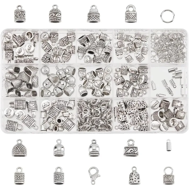 

325PCS 13 Tibetan Styles Cord End Cap with Lobster Clasp Leather Cord End Tassel Caps Terminator End Tips Jump Rings for Jewelry