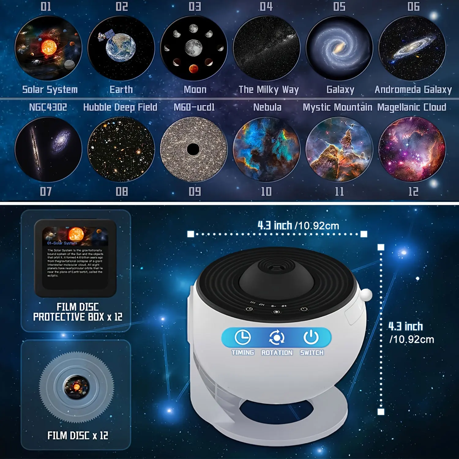 Star Projection Light With Replaceable 12 Galaxy Discs 360° Rotation Projector Lamp For Theater Birthday Valentine's Day Gift