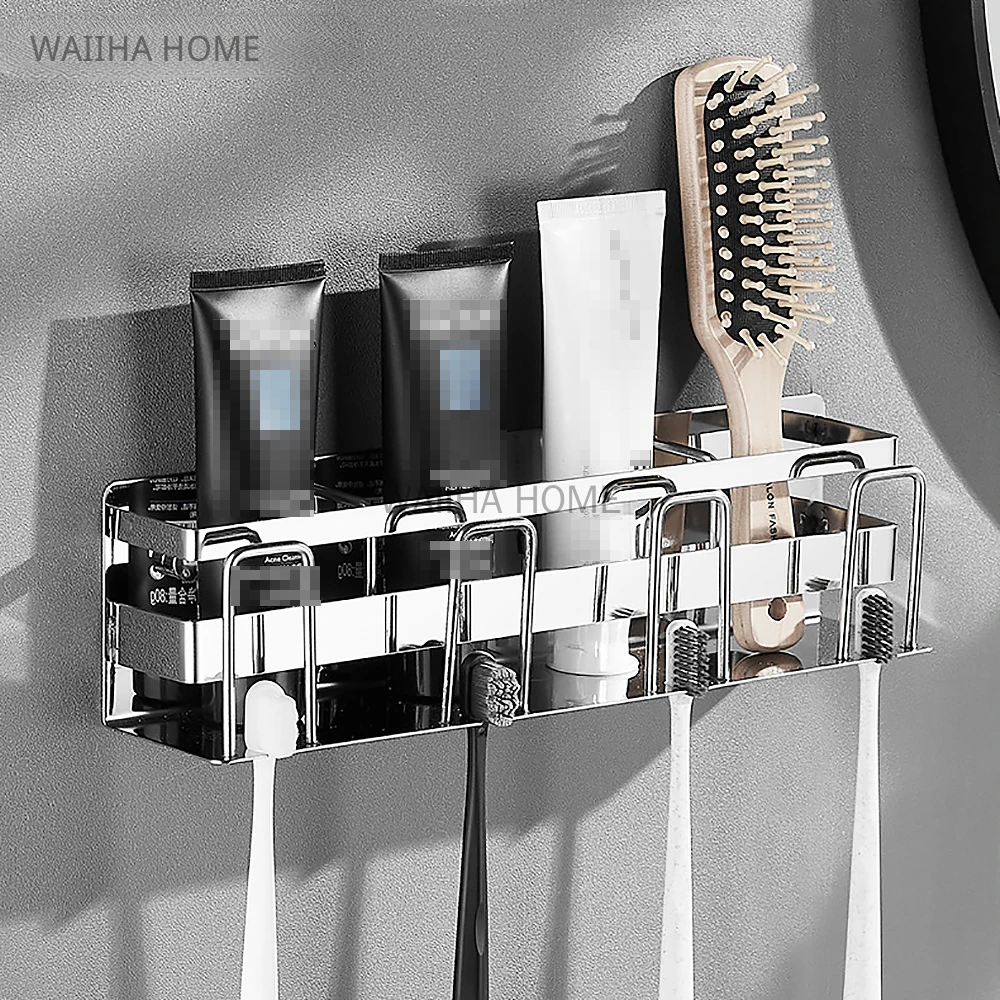 

Stainless Steel Toothbrush Holder Wall Mounted Razor Stand Toothpaste Storage Rack With Cup Organizer Shelf Bathroom Accessories