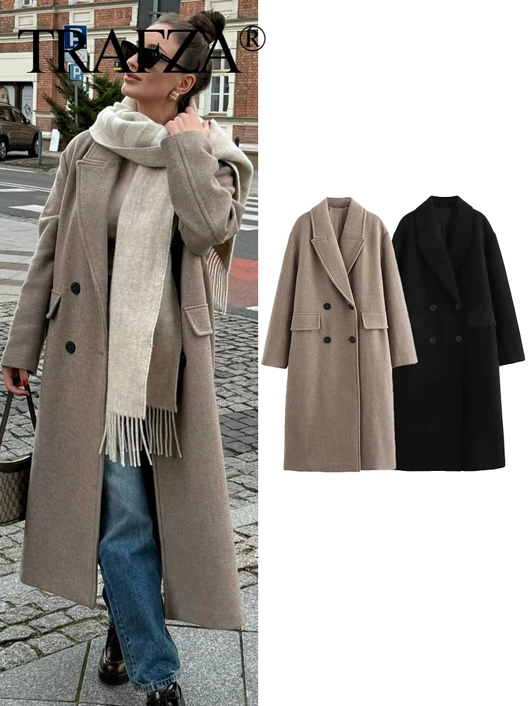 

TRAFZA Winter Coat Woman Trendy Solid Turn-Down Collar Long Sleeve Pockets Double Breasted Female Casual Overcoat 2 Color