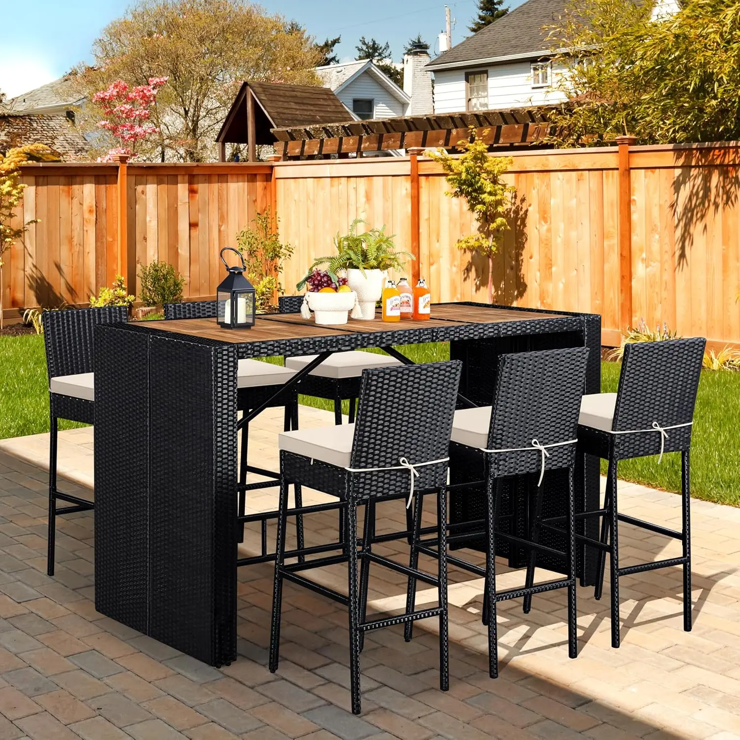Outdoor Wicker Bar Table & Chairs Set 6 Removable Cushions, Customized