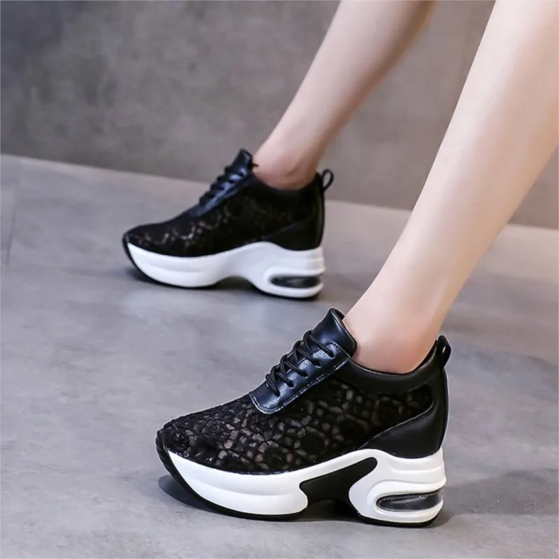 Spring white shoes with increased mesh lace surface in summer new mesh shoes breathable wedge heel thick sole casual shoes C1354