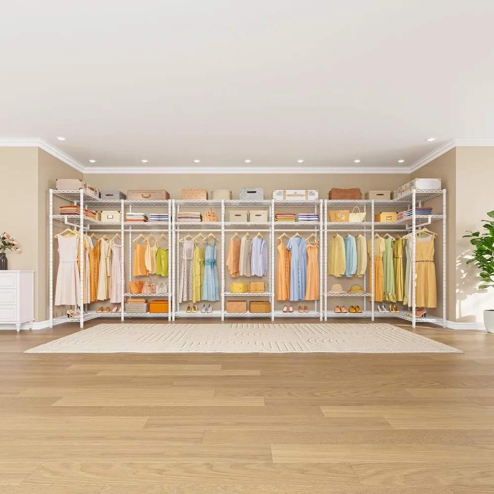 L30 Corner Clothes Rack, L Shaped Heavy Duty Closet System with Adjustable Shelves & Hanging Rods, Freestanding Corner Wardrobe