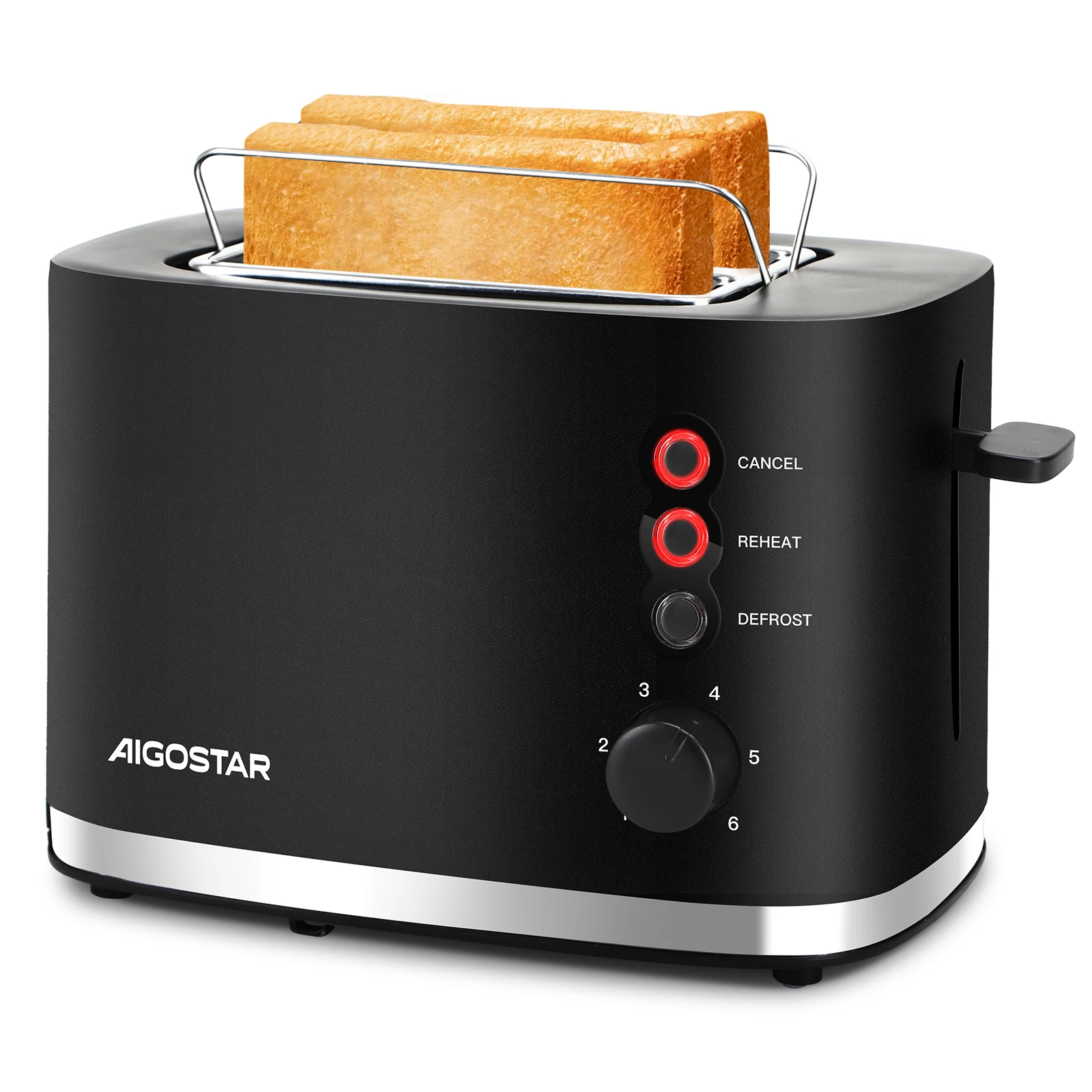 Aigostar Toaster 2 Scheiben mit Brötchenaufsatz， extra breite Toastschlitze & Brotzentrierung， 6 Bräunungsstufen， Abbruch-， Auftau- & Aufwärmfunktionen， Krümelschublade， 800W， Schwarz