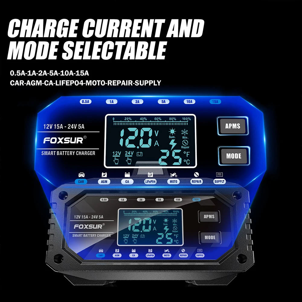 

For Repair Car Maintainer Full Automatic Car Battery Charger LCD Display 12V/24V Multiple Protections Protect Quick Charger