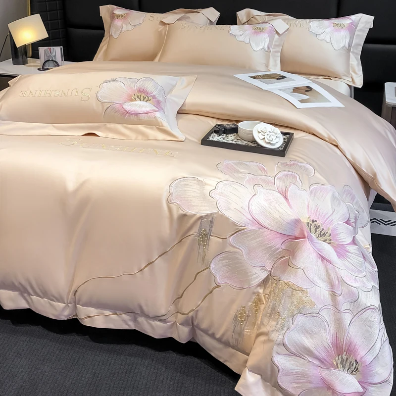 

Floral Embroidery Bedding Set Luxury Beige 100%Cotton Bed Sets Solid Color Duvet Cover Fitted Bed Sheet Pillowcases Home Textile