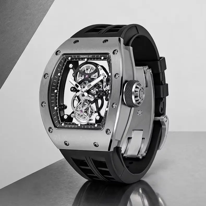 CRONUSART Men Tourbillon Watch Tonneau Mechanical Wristwatch Titanium Case Luminous Sapphire Mirror Skeleton Mirror FKM Strap