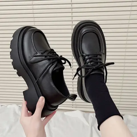 용수철 여성용 플랫폼 플랫 슈즈, 여성용 로퍼, 슬립온 보트 슈즈, 디자이너 캐주얼 가죽, 옥스포드, 블랙, 2024 신상