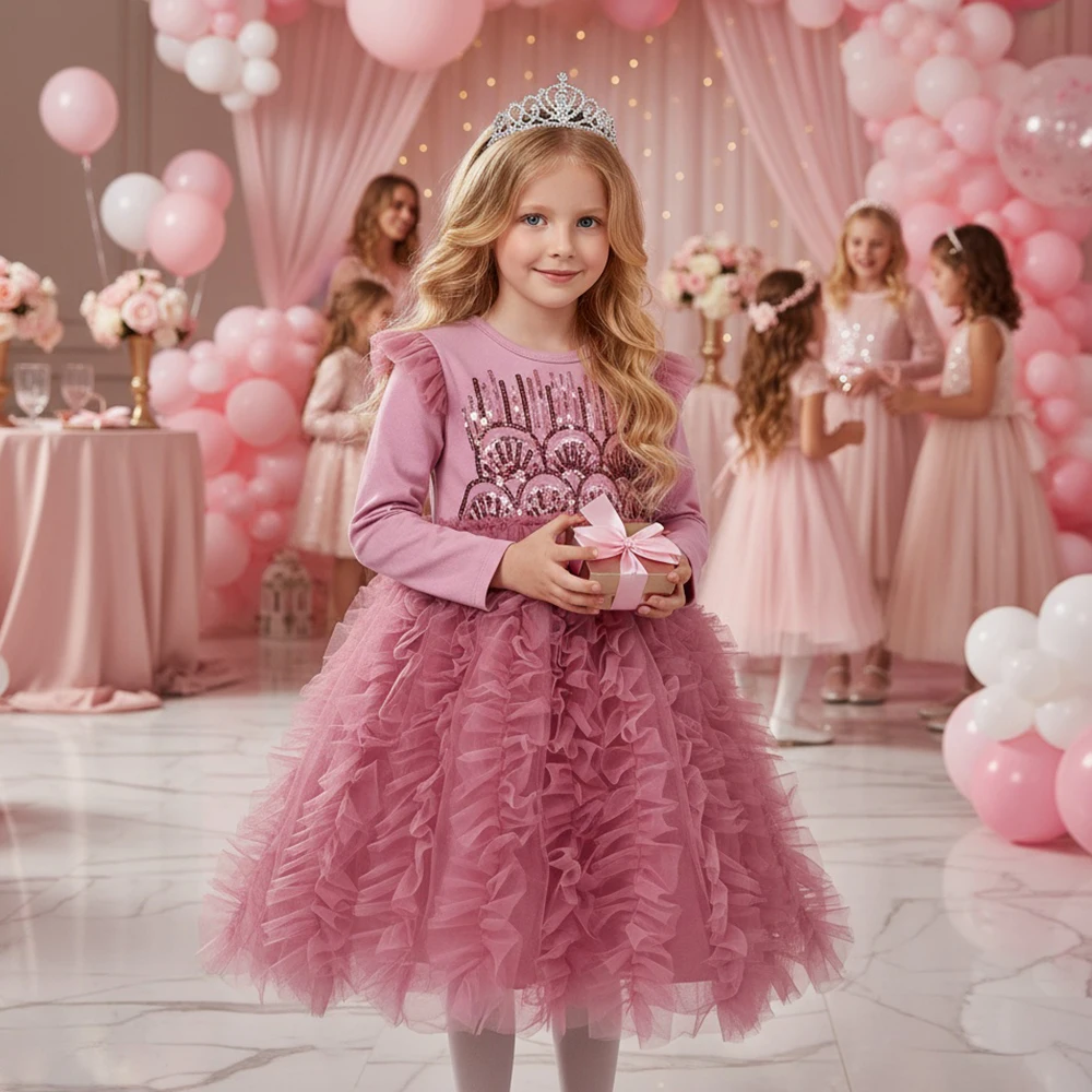 DXTON Girls School Party Dress Luxury Children Holiday Costumes Tutu Mesh Elegant Kids Dress For Girls Sequin Baby Birthday Gift