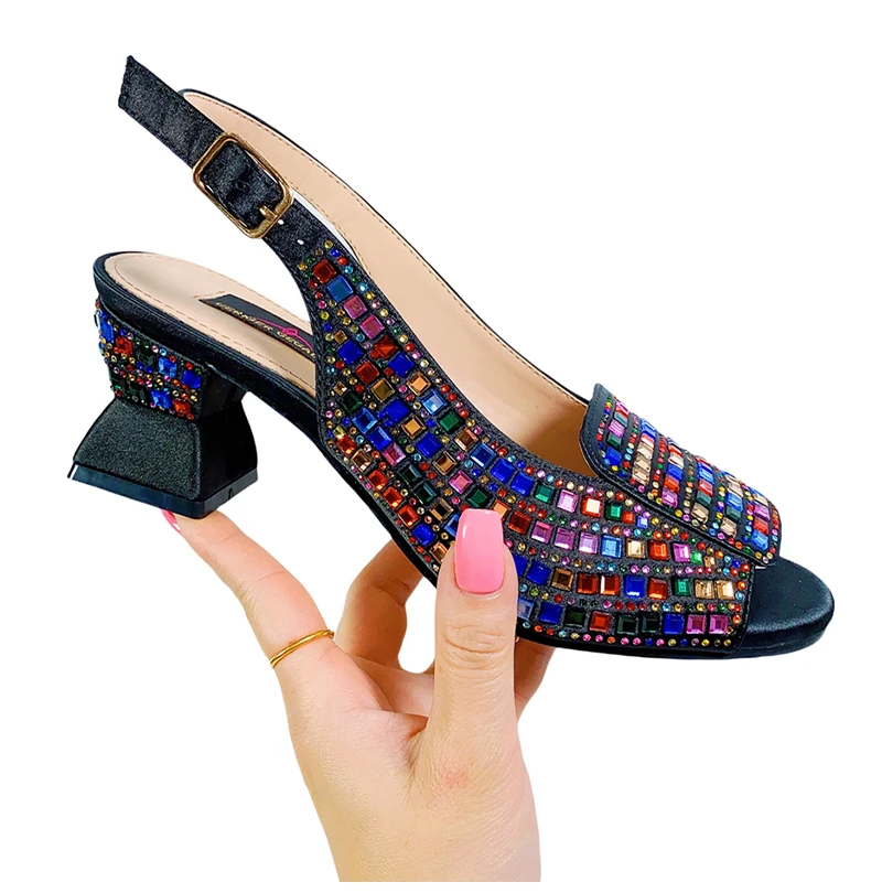 Chunky Mules Heels for Women Summer Shoes 3CM Platform Sqaure Heeled Sandals Bling Bling Rhinestone Ladies Mules Sandals Woman