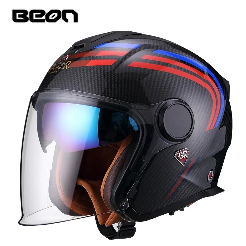 BEON BR23 Open Face Carbon Fiber 3/4 Vintage Half Black Helmet Motorcycle Retro Double Lens Helmet Visor Moto