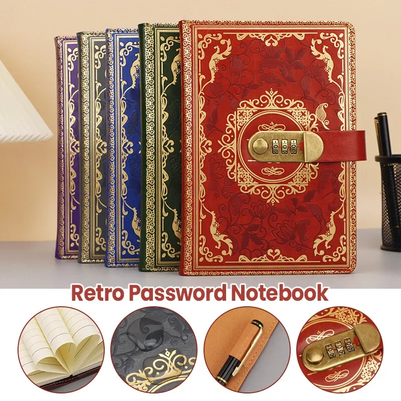 A5 Retro Digital Password Notebook Journal with Lock Diary PU Leather Privacy Notebook Sub-Password Lock Notebook Supplies