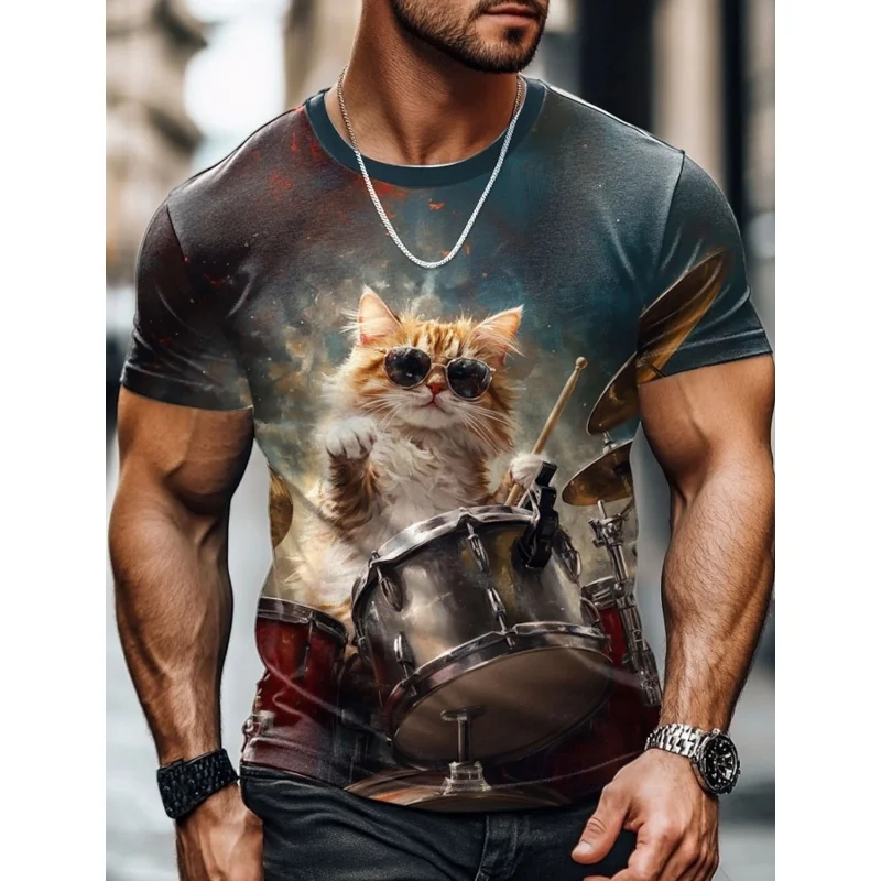 Cool Music Cat Shark Pattern T Shirt For Men Guitar Skateboarding 3D Printed Tees Casual Short Sleeve O-Neck Top Street T-Shirts