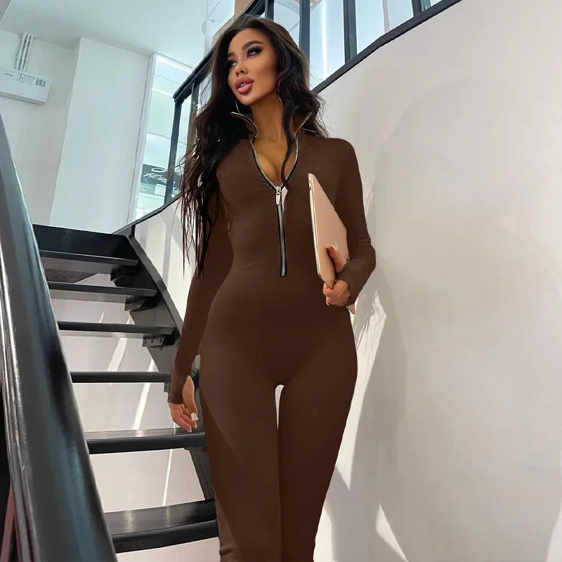 Women Fall Winter Zipper Long Sleeve Bodycon Fashion Streetwear Solid Fashion Black White Jumpsuits Wholesale Clothes