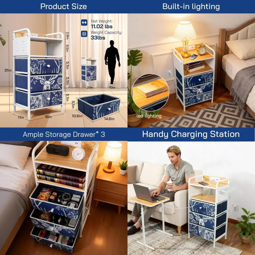 

Metal Frame Nightstand with Charging, 3 Drawers, Shelf, USB & Outlets for Home Use