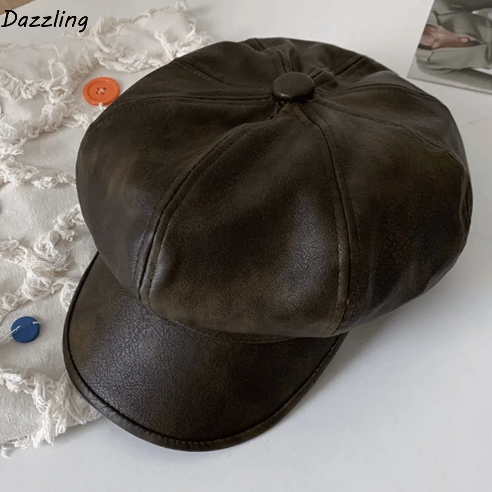 

Elegant British Style Pu Leather Beret Autumn Winter Black Brown Painter Hat Octagonal Cap Casual Women's Beret Women