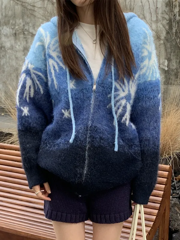 

Laid-ba adient Фейерверк с капюшоном на молнии вязаный свитер Thiened женский корейский винтажный свободный вязаный кардиган