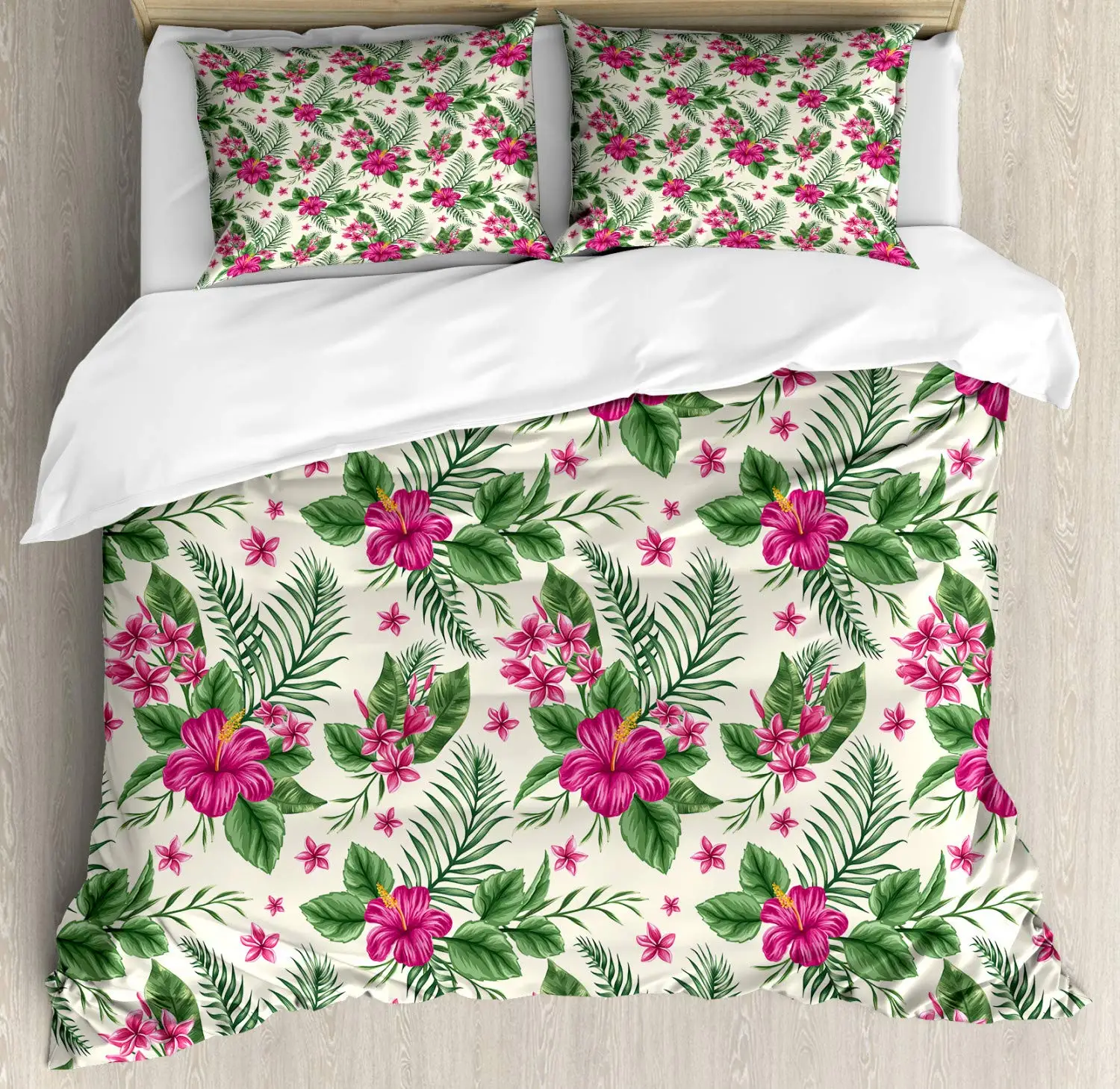 Hibiscus Duvet Cover Tropical Palm Leaves Bedding Set, Botanical Floral Comforter Cover Rustic Romantic Flowers Bohemian Decor