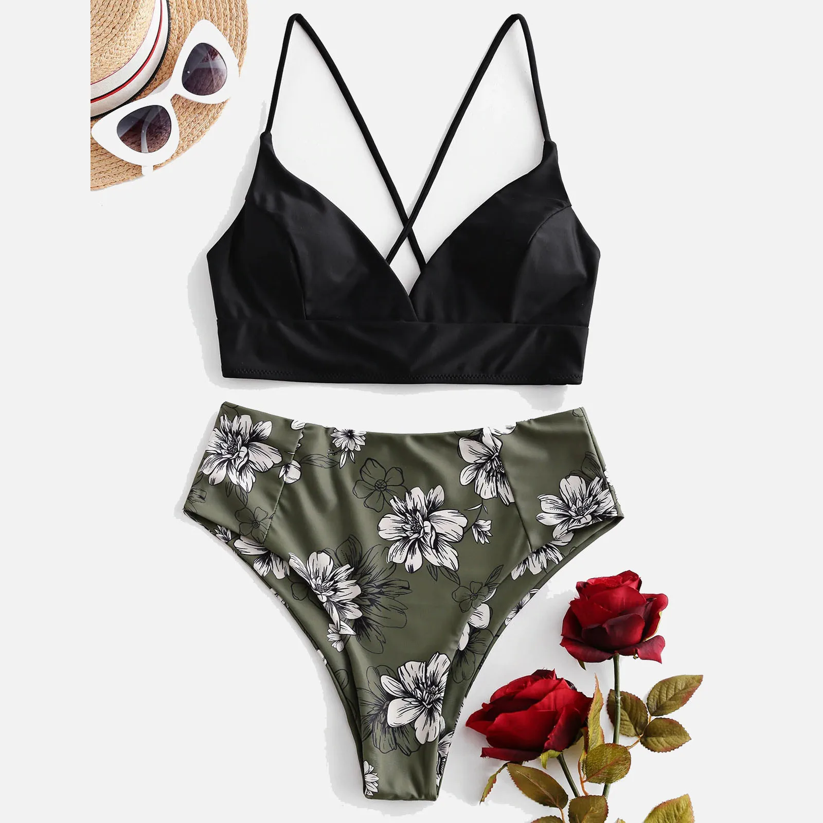 

Women Two Piece Flower print split Sets Beachwear Swimsuit Bikini Swimsuit with Shorts for Women