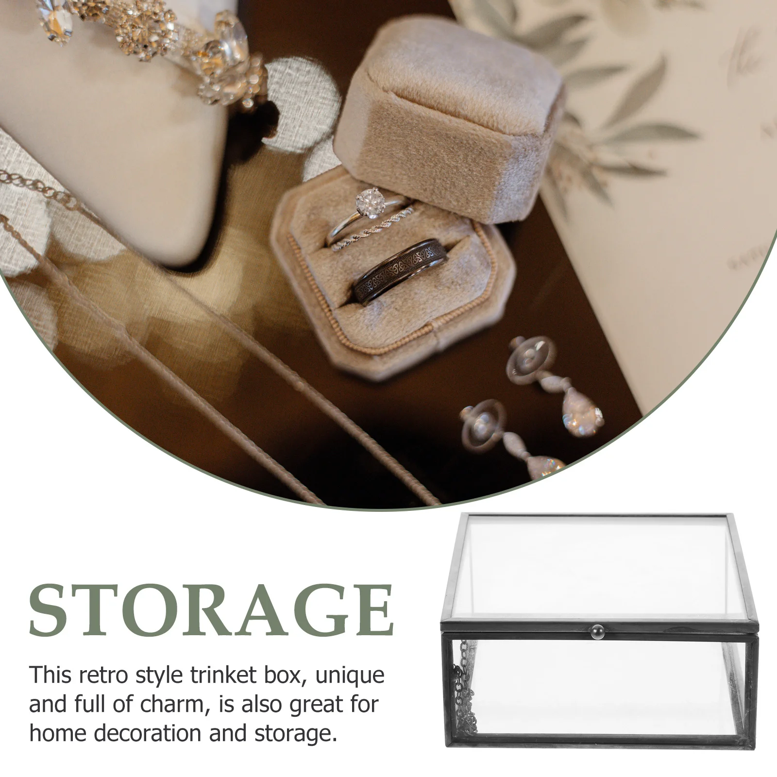 

Glass Jewelry Box Clear Organizer Lid Retro Charm Sufficient Capacity for Earrings Pendants Rings Home Supplies