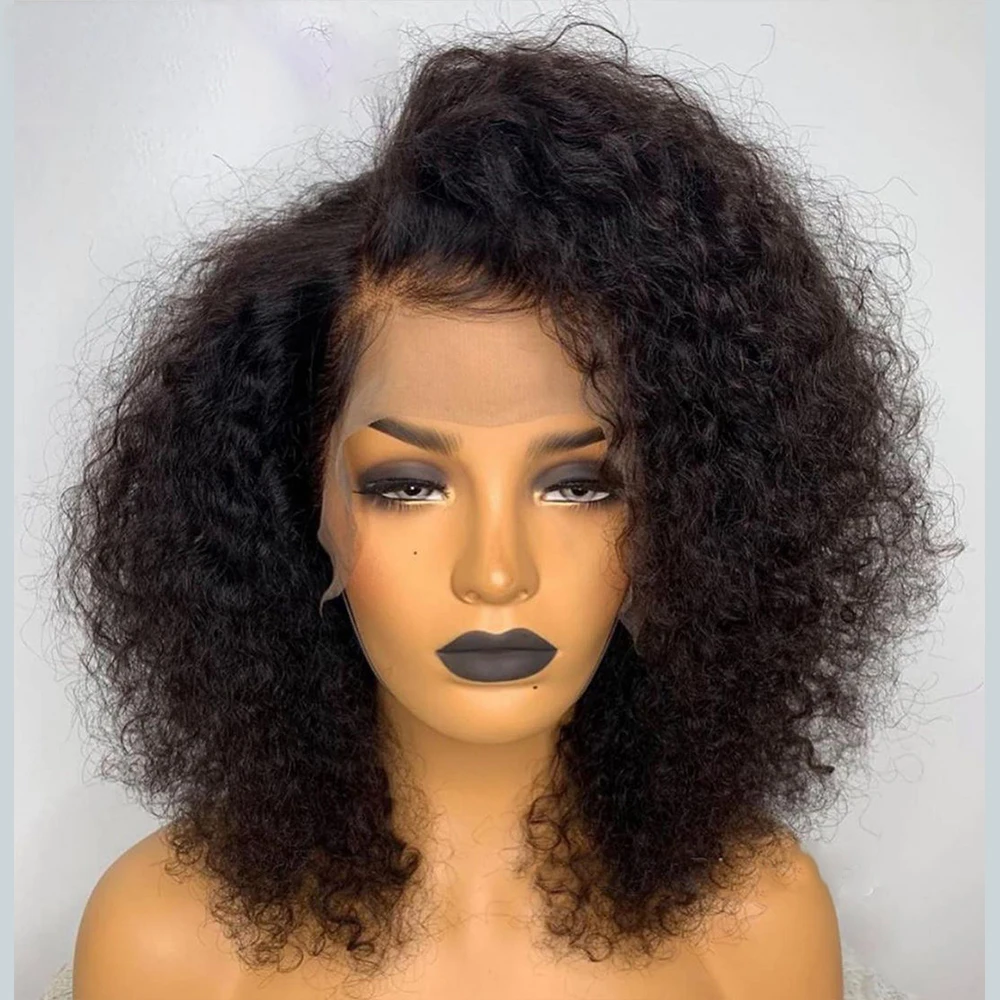 

Natural Black Preplucked Glueless Blunt Cut Short Bob 14inch Kinky Curly Soft Deep 13x4 Lace Front Wigs For Women With Babyhair