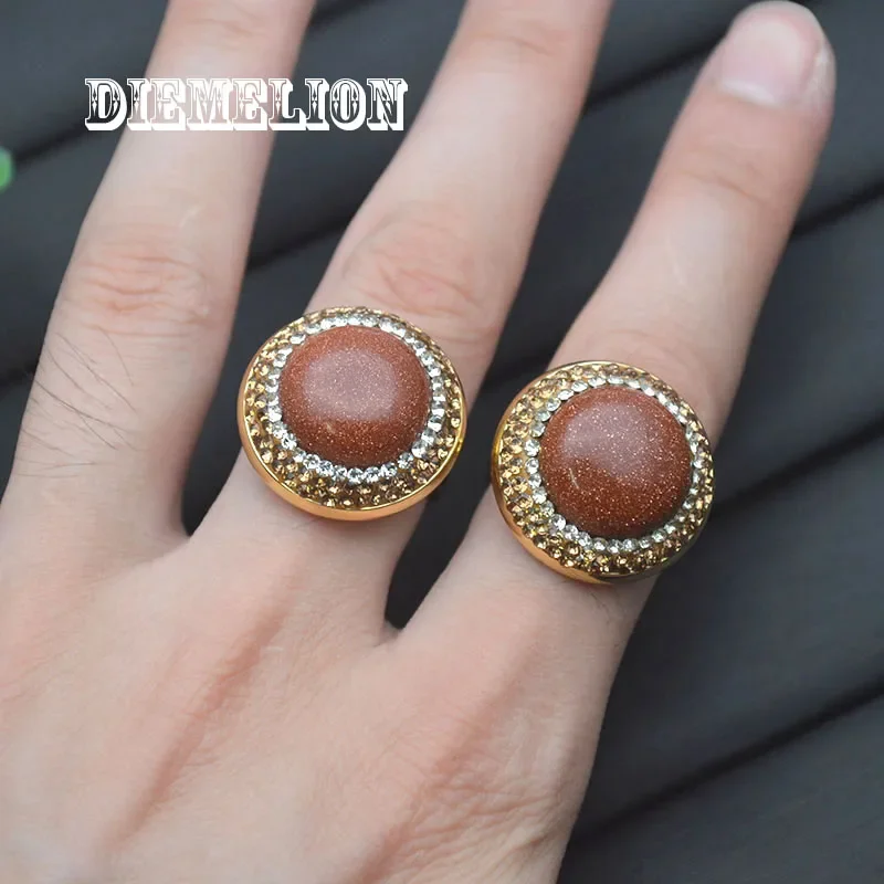 Natural Gold Sand Stone Rings Round Shape Gold Plated Open Adjustable Stone Ring for Women Men Unusual Jewerly