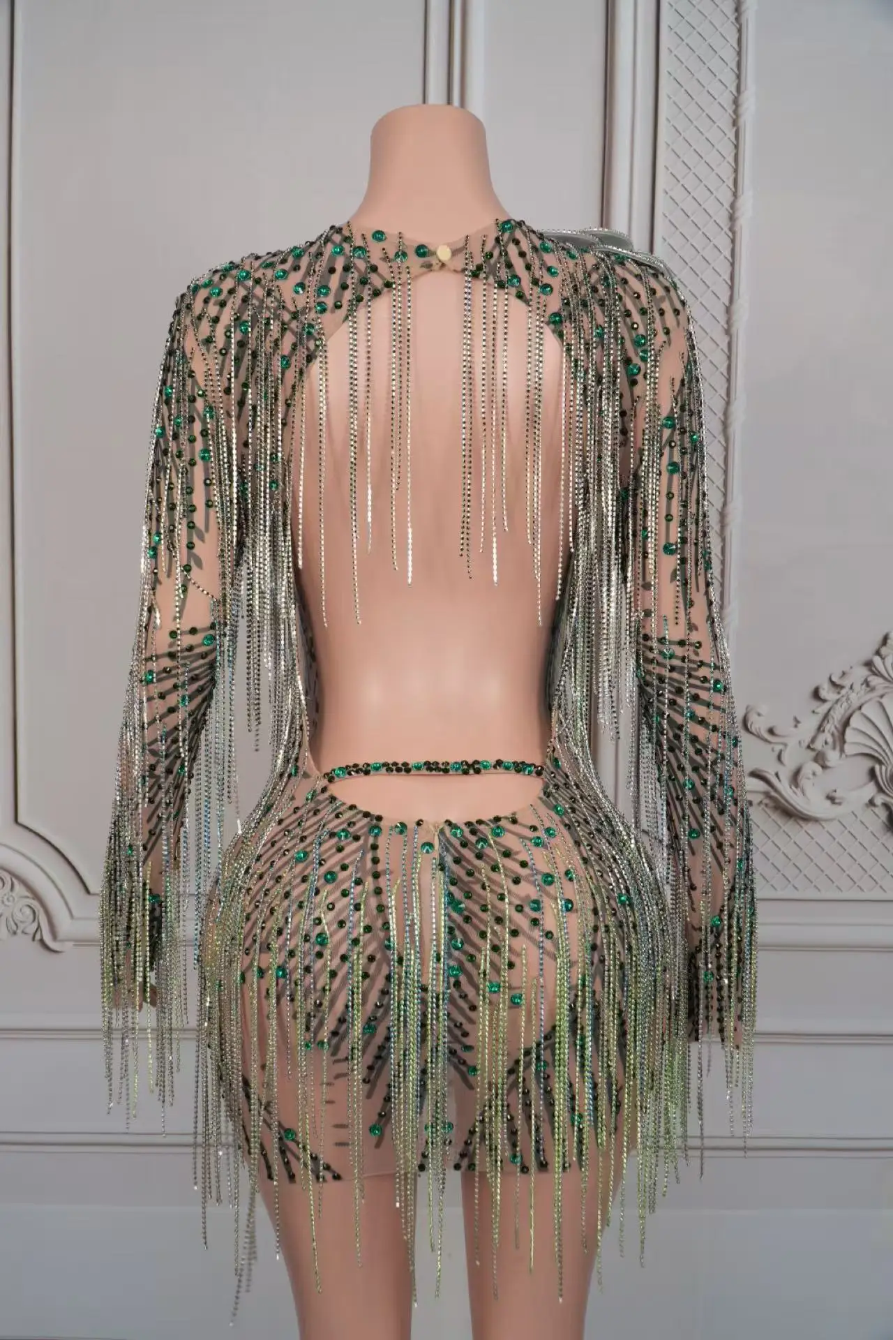 

Luxury Green Rhinestones Tassel Mini Dress Elegant Women Sexy Sheer Mesh Celebrate Evening Prom Birthday Dress Photo Shoot Wear