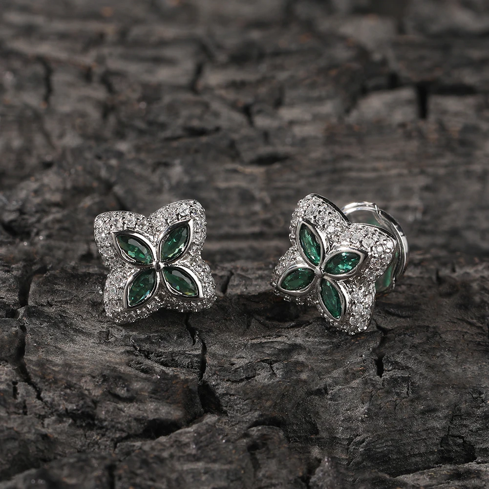 THE BLING KING Iced Clover Stud Earrings For Women Micro Paved 5A+ Cubic Zirconia Black Green Color Shiny Luxury Lovely Jewelry