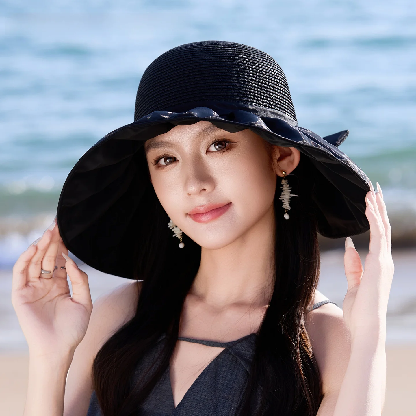 official-charlie-kelli-flagship-store-wide-brim-hat-with-bow-outdoor-sun-protection-women's-summer-fashion-accessory-polyeste