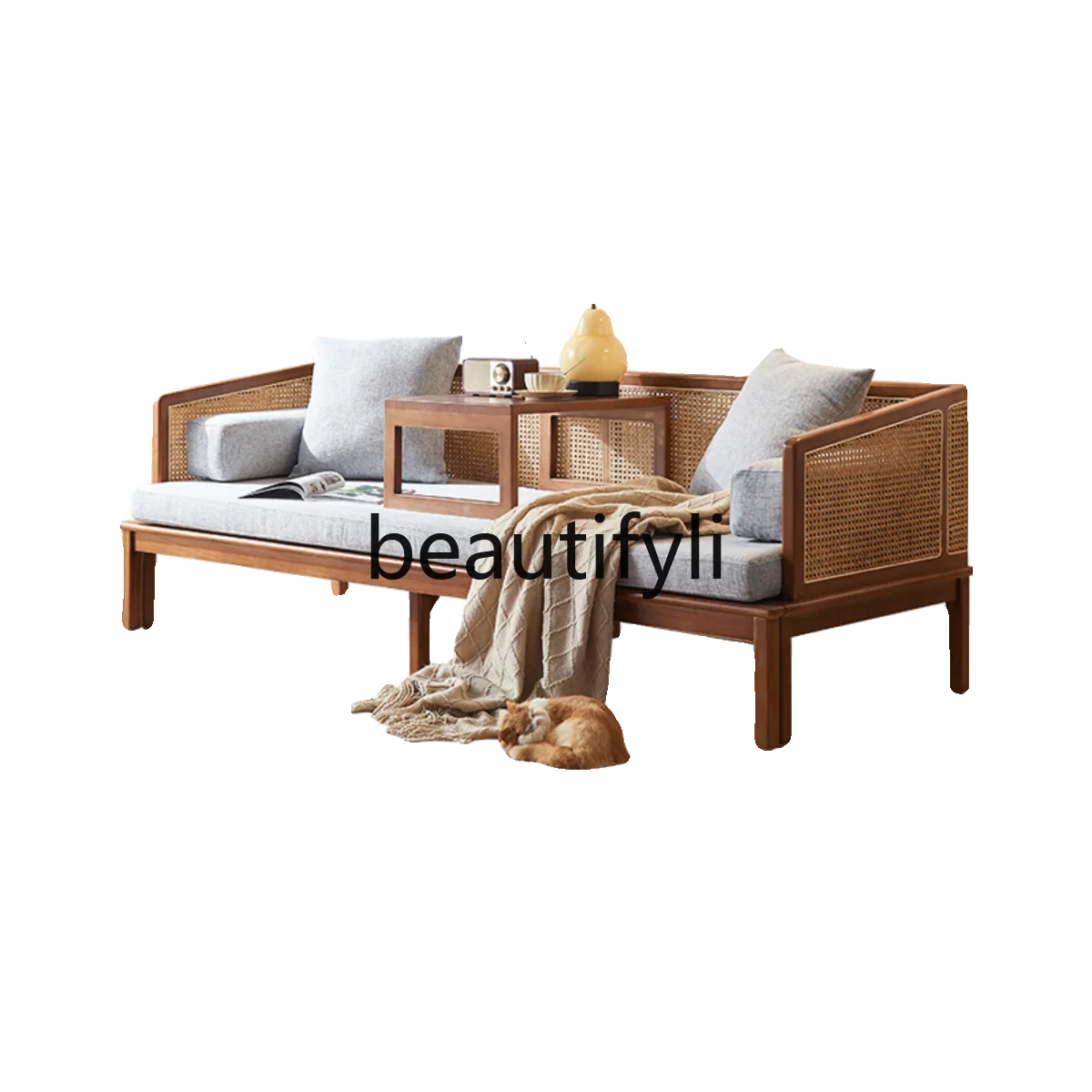 

Solid wood sofa bed simple modern small apartment telescopic dual-purpose bed folding bed rattan sofa