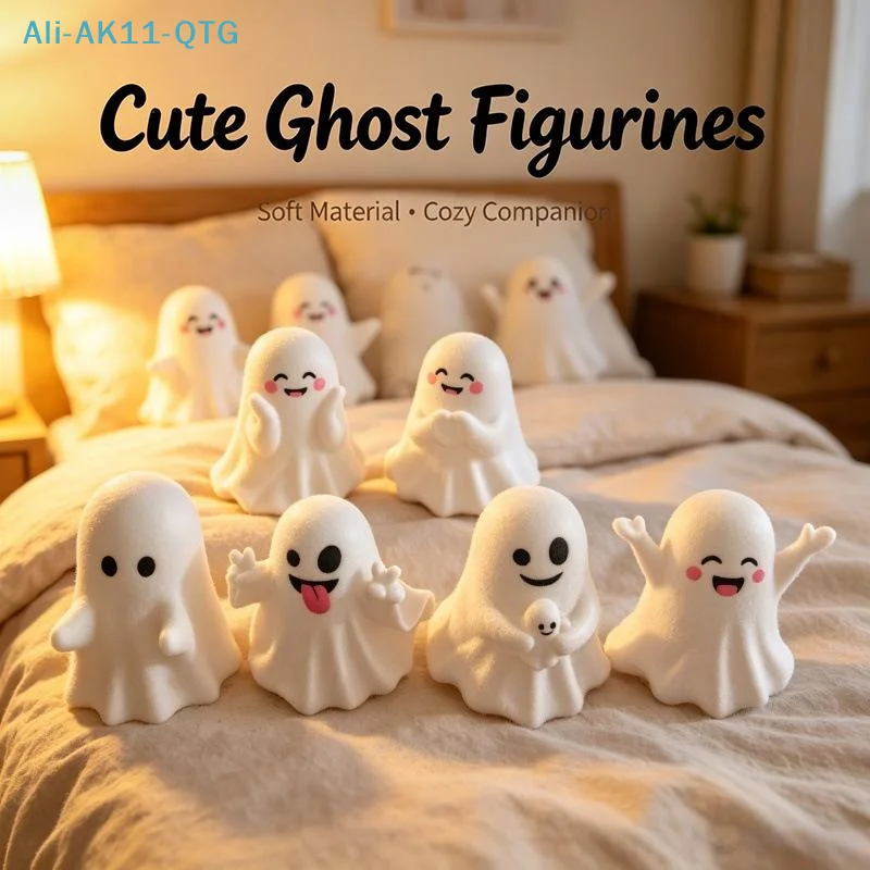 New 1/6Pcs Cute Flocked Ghost Figurines Adorable Smiling Faces Soft Touch Perfect For Halloween Bedroom Desktop Home Decoration