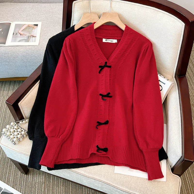 150Kg Plus Size Women\'s Bust 150 Spring Autumn Loose V-Neck Bow Sweater Long Sleeved Knitted Coat Black Red 5XL 6XL 7XL 8XL 9XL