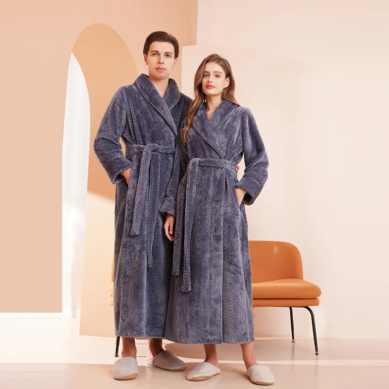 Winter Thick Keep Warm Kimono Bathrobe Couple New Flannel Long Robe Women Sleepwear Nightgown Loose Men Coral Fleece Lounge Wear