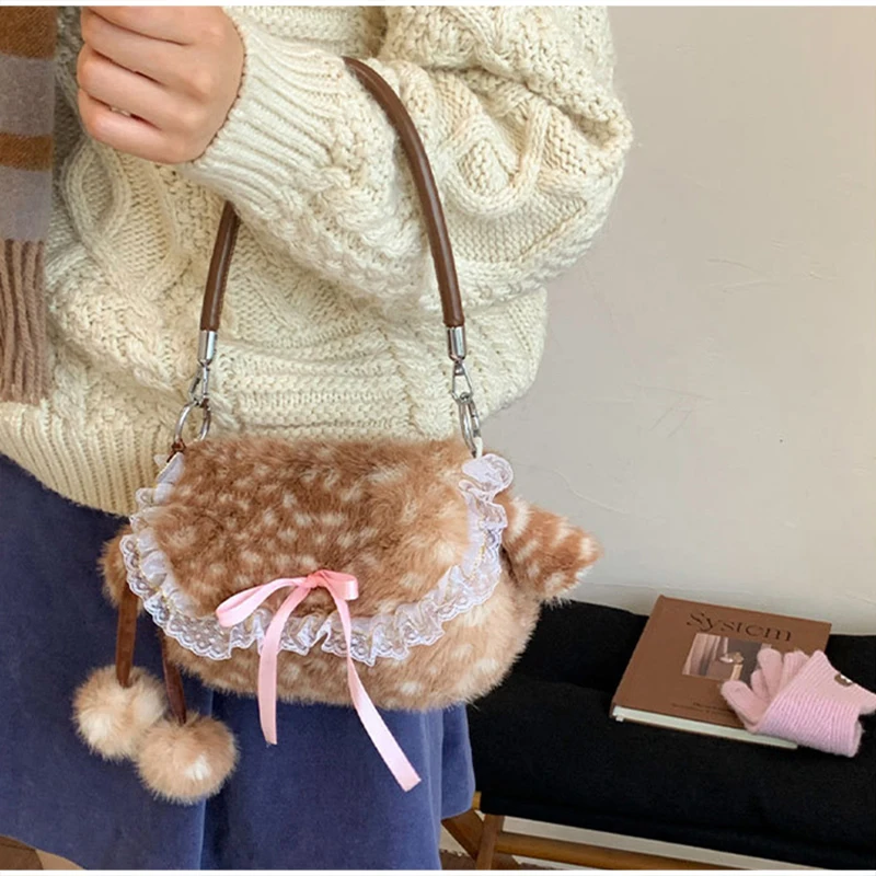 Japanische Hirsch gefleckte Band Plüsch Unterarm Umhängetasche, Mori Girl Elch flauschige Frauen Geldbörse, Winter süße Woodland Fairycore Handtasche – Detail 24