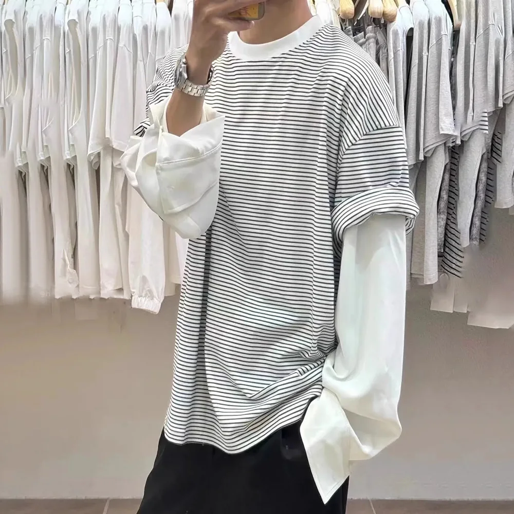 Mens T-Shirt Long Sleeve Y2K Japanese Striped Youthful Top Fake Two-Piece Oversize Niche Fashion Campus T-Shirt Men'S Clothing