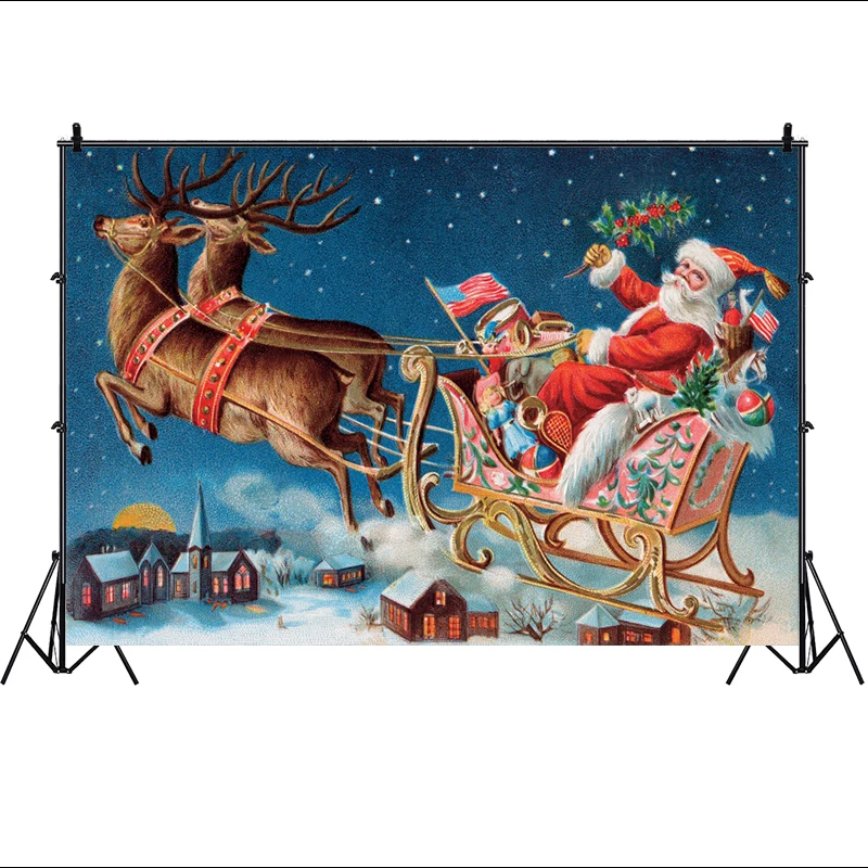 Merry Christmas Santa Claus Backdrops Xmas Party Table Decorations Photography Background Reindeer Sled Winter Snow Photo Banner