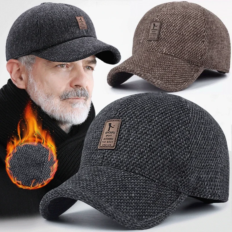 Baseball Cap Woolen Knitted Winter Ear Cover Baseball Cap Men Thicken Warm Hats with Earflaps Sport Golf Hats Snapback